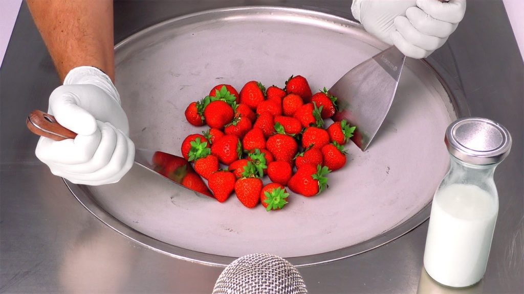 Strawberry Ice Cream ASMR | how to make fresh Strawberries to Ice Cream Rolls - Street Food Style